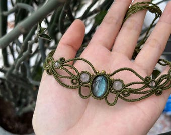 Blue Labradorite Macrame Choker: Adjustable Green Handmade Necklace