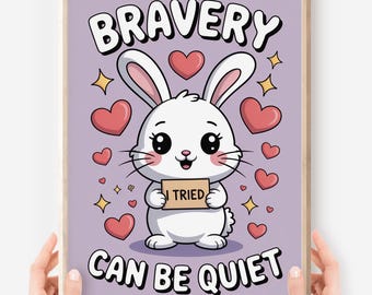 Póster "Valentía en Silencio": Arte SEL de conejito kawaii, decoración para rincones tranquilos (descarga digital)