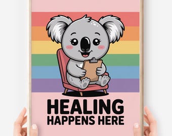 Póster de terapeuta koala kawaii: Arte de rincón tranquilo SEL (descarga digital)