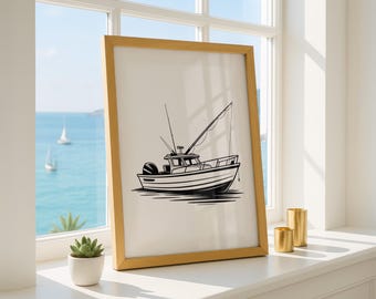 Stampa artistica minimalista con linea di barca da pesca: arredamento nautico costiero
