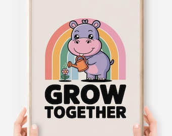 Póster de hipopótamo kawaii: decoración arcoíris para habitación infantil, arte para fomentar la mentalidad de crecimiento (descarga digital)