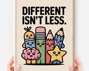 Neurodiversity Classroom Poster: Different Isn’t Less, Kawaii Decor (Digital Download)