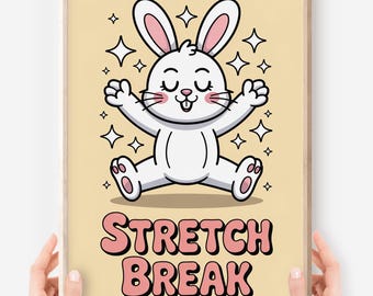 Póster de conejito kawaii para estirarse: Decoración consciente para el aula infantil (Descarga digital)