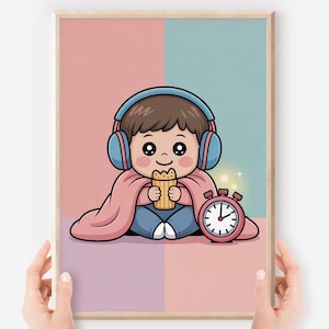 Könnte beinhalten: Gerahmter Cartoon-Druck mit einem sitzenden Kind mit blauen Kopfhörern und einem rosa Umhang, das einen Snack hält. Eine rosa Stoppuhr befindet sich neben dem Kind. Der Hintergrund ist in rosa und blaue Abschnitte unterteilt.