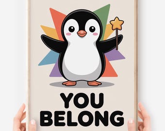 Póster "Eres parte de mi mundo" de Kawaii Penguin: Impresión de afirmación arcoíris (descarga digital)