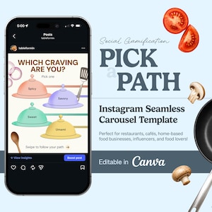 Interaktiv Instagram-spelmall, redigerbar Canva-matkarusell, Välj en väg Instagram-inlägg (digital nedladdning)