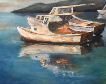 schilderij, originele olieverf op doek, vissersboten