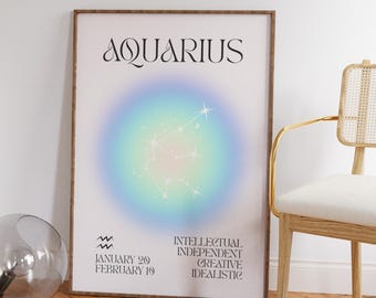 Póster del signo zodiacal Acuario, arte con degradado de aura astrológica (descarga digital)