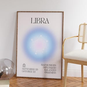 May include: A framed Libra zodiac sign art print. The artwork features a soft, pastel-colored background with a constellation design. Text includes "Libra", the dates September 23 - October 22, and associated traits.
