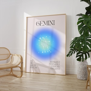 Gemini Zodiac Wall Art Printable, Astrology Digital Download Poster, Gemini Birthday Gift, Spiritual Aura Gradient Print Decor