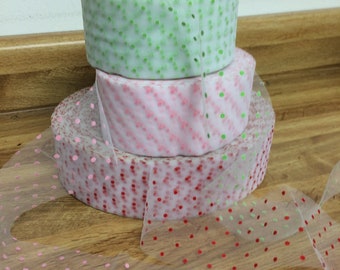 White Net Tulle Trim Pink or Green or Red Velvet Polka Dots Print 2,5” wide. Next day shipping from USA