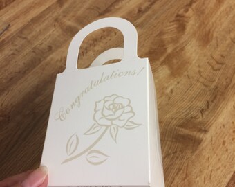 White Gift Box Printed Gold Roses. One Piece Box with Handle. Next Day Shipping  from USA