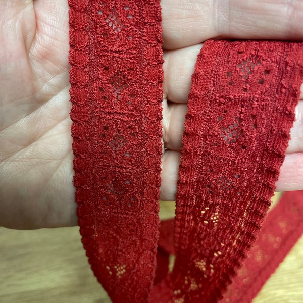 1 1/8” Wide Stretch Lace Trim Tape Dark Red Color Scalloped Edge Good stretch  5” to 8”
