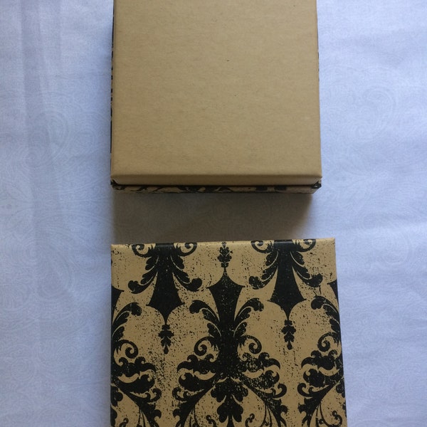 Black / Kraft  Distressed Damask Cotton Filled Gift Jewelry Boxes 3 1/2 x 3 1/2 x 1 inch.Next day shipping from USA.