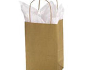 May include: A small, gold-colored paper gift bag with twisted paper handles. The bag is empty and has white tissue paper inside.