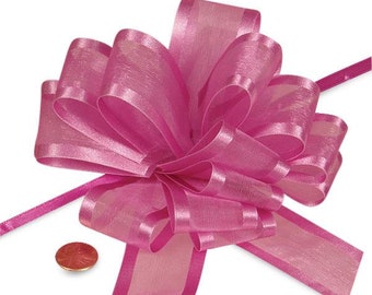May include: A pink sheer ribbon bow with satin stripes. The bow is tied with a long ribbon tail.