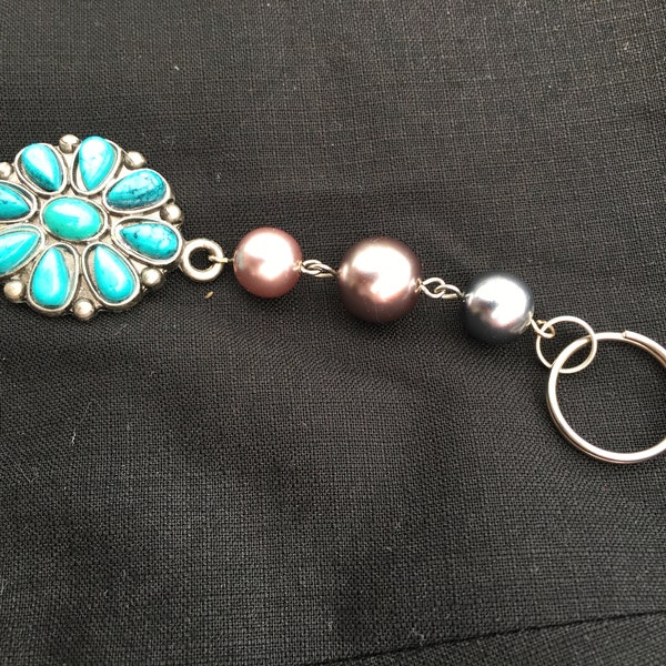 Turquoise Blue Flower Key Chain 4" long Handmade One-of-a-Kind. Made in USA