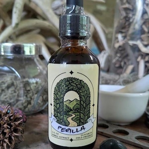May include: A brown glass bottle of Perilla herbal extract with a black dropper. The label features a green archway design with a landscape scene. The bottle is 2 fl oz and cold-pressed.