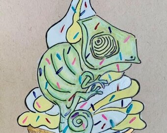 ORIGINAL Chameleon Cone illustration, Ice Cream Art, Chameleon painting