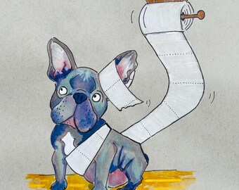 Frenchie Bathroom Print, Blue Frenchie Art, Dog Toilet Paper Art, frenchie print, Frenchie bathroom, Frenchie gift, Frenchie owner gift