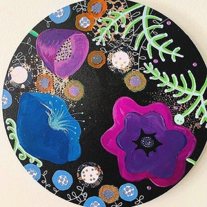 Art floral original Peinture ronde Fleur Art Jardinier Cadeau Peinture de fleurs sur toile Art floral sur toile Art rond
