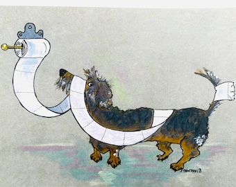 Wire Haired Dachshund, Dachshund Art, Dog bathroom art,  Dachshund print, Dog with toilet paper, dachshund toilet paper