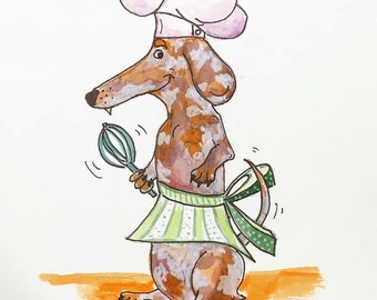 ORIGINAL Dapple Dachshund-konst, köksdackkonst, taxkonst, original hundkonst, personlig husdjursgåva, kökskonst, present till husdjursägare