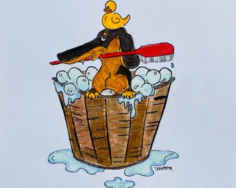 Black and Tan Teckel, Scrub-a-dub-dub, hond in bad, teckel in bad, hondenbadkamer PRINT, hondenbadkamerkunst