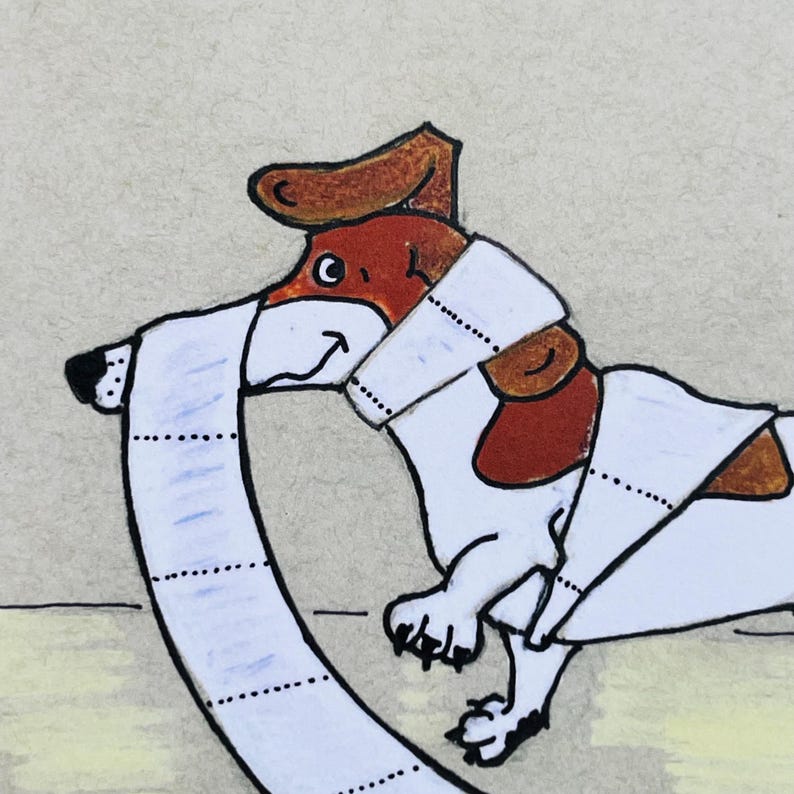 K&ouml;nnte beinhalten: Eine Cartoon-Illustration eines braunen und wei&szlig;en Hundes, der in Toilettenpapier eingewickelt ist. Der Hund schaut nach rechts und hat einen gl&uuml;cklichen Gesichtsausdruck.