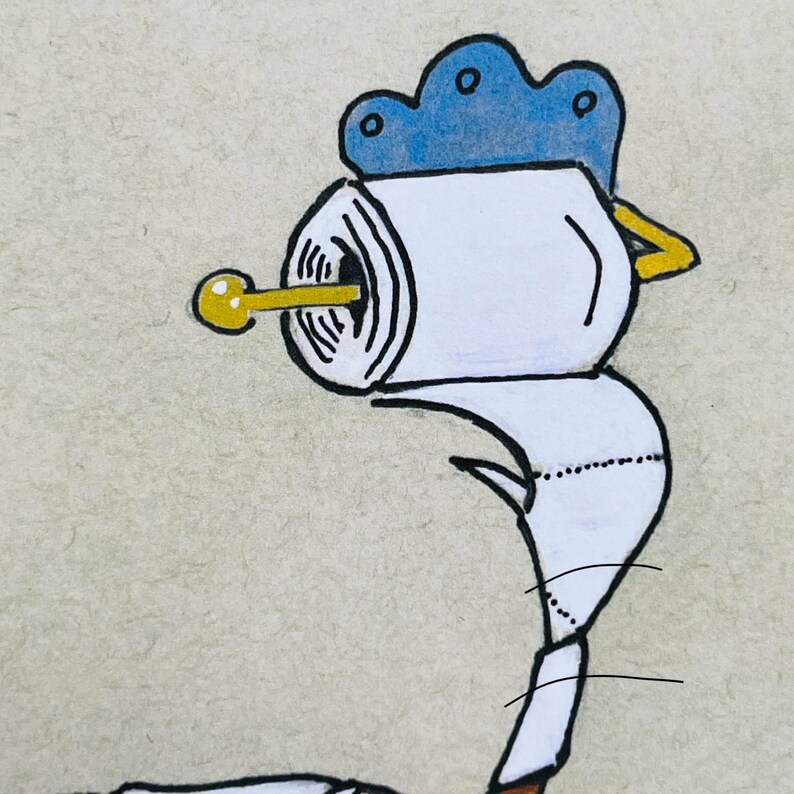 K&ouml;nnte beinhalten: Eine Cartoon-Illustration einer Toilettenpapierrolle mit einer blauen Krone und einem gelben Schnabel, die einem Huhn &auml;hnelt.