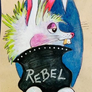 Ilustración ORIGINAL del conejo rebelde, arte del conejo del mago, pintura del conejo