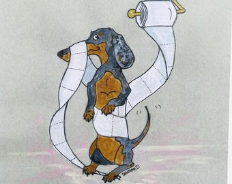 May include: A cartoon illustration of a dachshund dog wrapped in toilet paper. The dog is standing on its hind legs and holding the toilet paper roll with its front paws. The toilet paper is hanging from a wall-mounted holder.