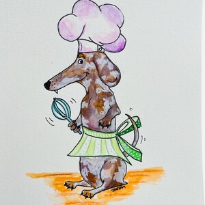 Dapple Dachshund art, kitchen dachshund art, Chef gift, dachshund kitchen art, dachshund owner gift, dog kitchen gift, dog chef, cooking dog
