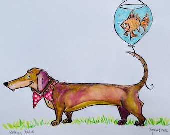 Taxägare gåva Taxtryck Rolig hundkonst Rolig taxkonst Taxkonsttryck Wienerhundkonst Hundälskare Gåva Fiskkonst