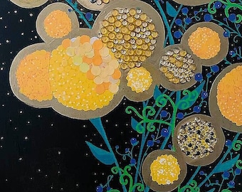 May include: Abstract painting with a black background and a cluster of yellow and gold circles with a honeycomb pattern. The circles are connected by blue and green vines.