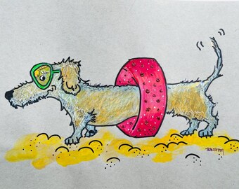 ORIGINAL taxillustration, taxkonst, hundkonst i blandteknik, original hundkonst, rufhårig tax, wienerhundkonst
