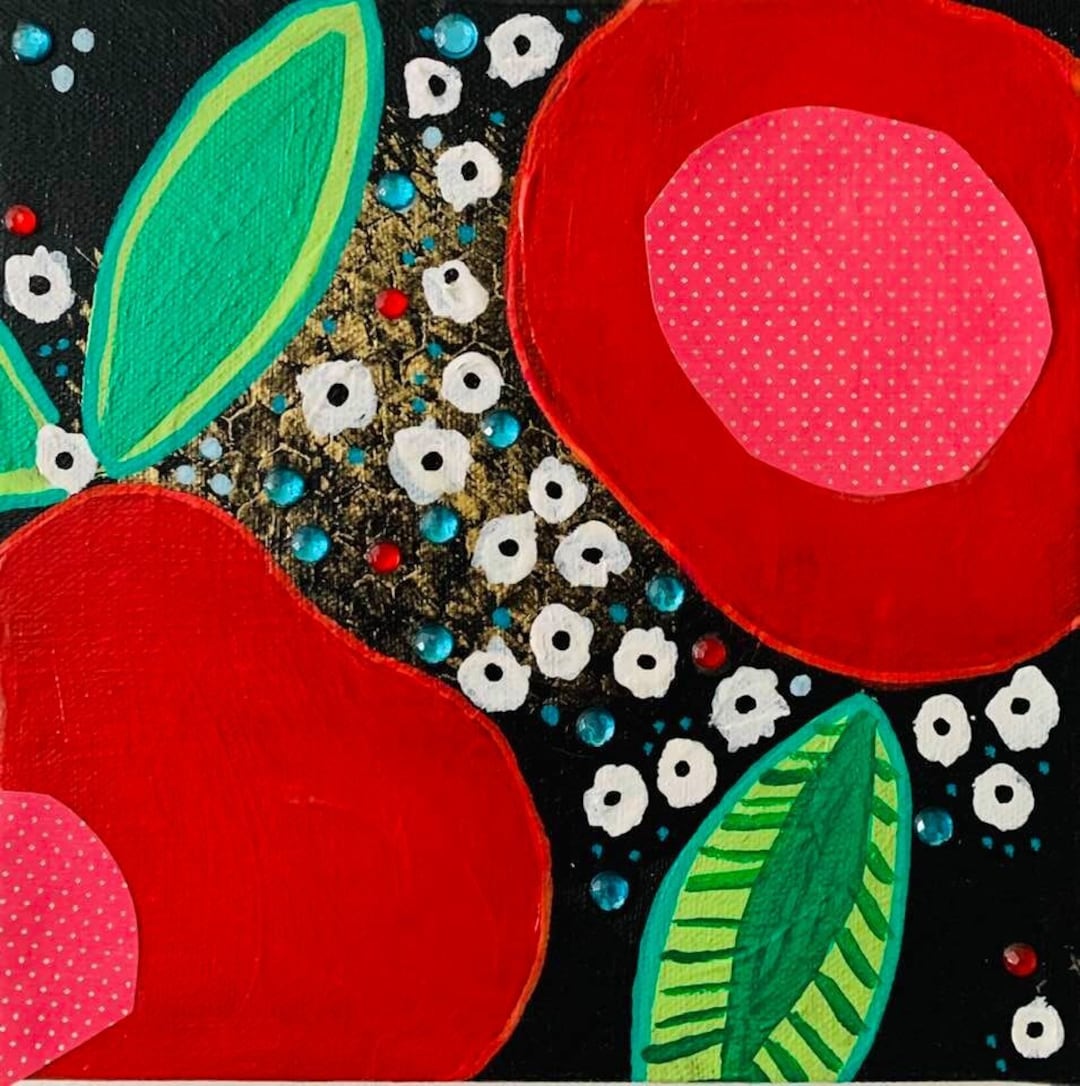 Original Mixed Media Art Red Floral Art Red Flower Art Floral Art Gift