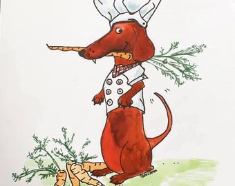 ORIGINAL Röd taxkonst, kökstaxkonst, taxkonst, taxkök, personlig hundkonst, kökskonst, present till husdjursägare