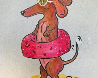 ORIGINAL taxillustration, taxkonst, hundkonst i blandteknik, original hundkonst, röd korthårig tax, wienerhundkonst