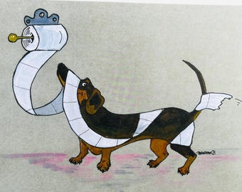 Taxkonst, svart och brun tax, badrumskonst, hundkonsttryck, taxtryck, katrine