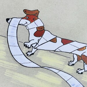 K&ouml;nnte beinhalten: Eine Cartoon-Illustration eines Hundes, der in Toilettenpapier eingewickelt ist. Der Hund ist wei&szlig; mit braunen Flecken und hat einen gl&uuml;cklichen Gesichtsausdruck. Das Toilettenpapier ist wei&szlig; mit blauen Linien.