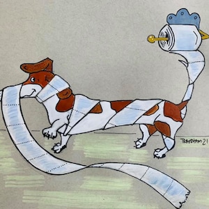 K&ouml;nnte beinhalten: Eine Cartoon-Illustration eines Hundes, der in Toilettenpapier eingewickelt ist. Der Hund ist braun und wei&szlig; mit schwarzen Augen und einer rosa Nase. Das Toilettenpapier ist wei&szlig; mit blauen Linien. Der Hund schaut nach links. Das Toilettenpapier kommt von einer Rolle auf dem R&uuml;cken des Hundes. Die Rolle ist blau und wei&szlig; mit einem goldenen Knopf. Das Bild ist mit "TAYTOHAM 21" signiert.