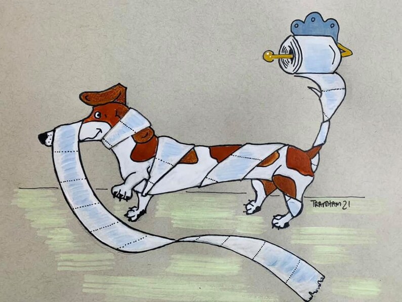 K&ouml;nnte beinhalten: Eine Cartoon-Illustration eines Hundes, der in Toilettenpapier eingewickelt ist. Der Hund ist braun und wei&szlig; mit schwarzen Augen und einer rosa Nase. Das Toilettenpapier ist wei&szlig; mit blauen Linien. Der Hund schaut nach links. Das Toilettenpapier kommt von einer Rolle auf dem R&uuml;cken des Hundes. Die Rolle ist blau und wei&szlig; mit einem goldenen Knopf. Das Bild ist mit "TAYTOHAM 21" signiert.