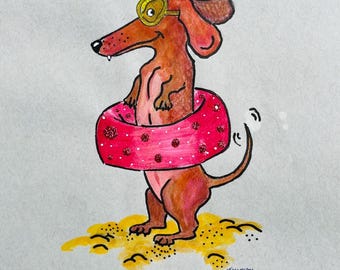ORIGINAL taxillustration, taxkonst, hundkonst i blandteknik, original hundkonst, röd korthårig tax, wienerhundkonst
