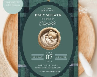 Invitación para baby shower con osito de peluche: cuadros verdes, niño (archivo digital)