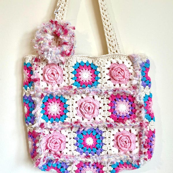 Handmade Crocheted Granny Square Tote Handwoven Floral Bag with Scrunchie Strap