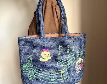 Handwoven Raffia Tote with Embroidery Sing Birds, straw bags