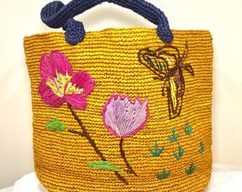 Handwoven Raffia Tote with  Flowers Embroidery Embroidered straw bags