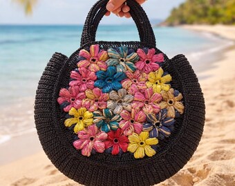 Handmade Raffia Bag, Colorful Floral Crochet Tote, Boho Round Summer Handbag