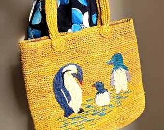 Handwoven Raffia Tote with Hand Embroidery Penguin